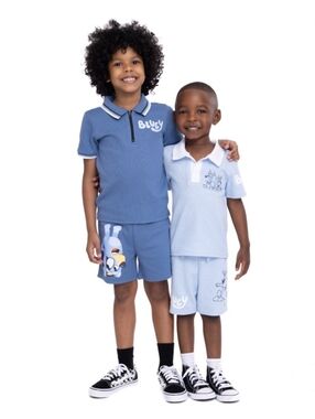 (2 Pair) Bluey Kids Polo Short Sets (Light Blue - Mid Blue)